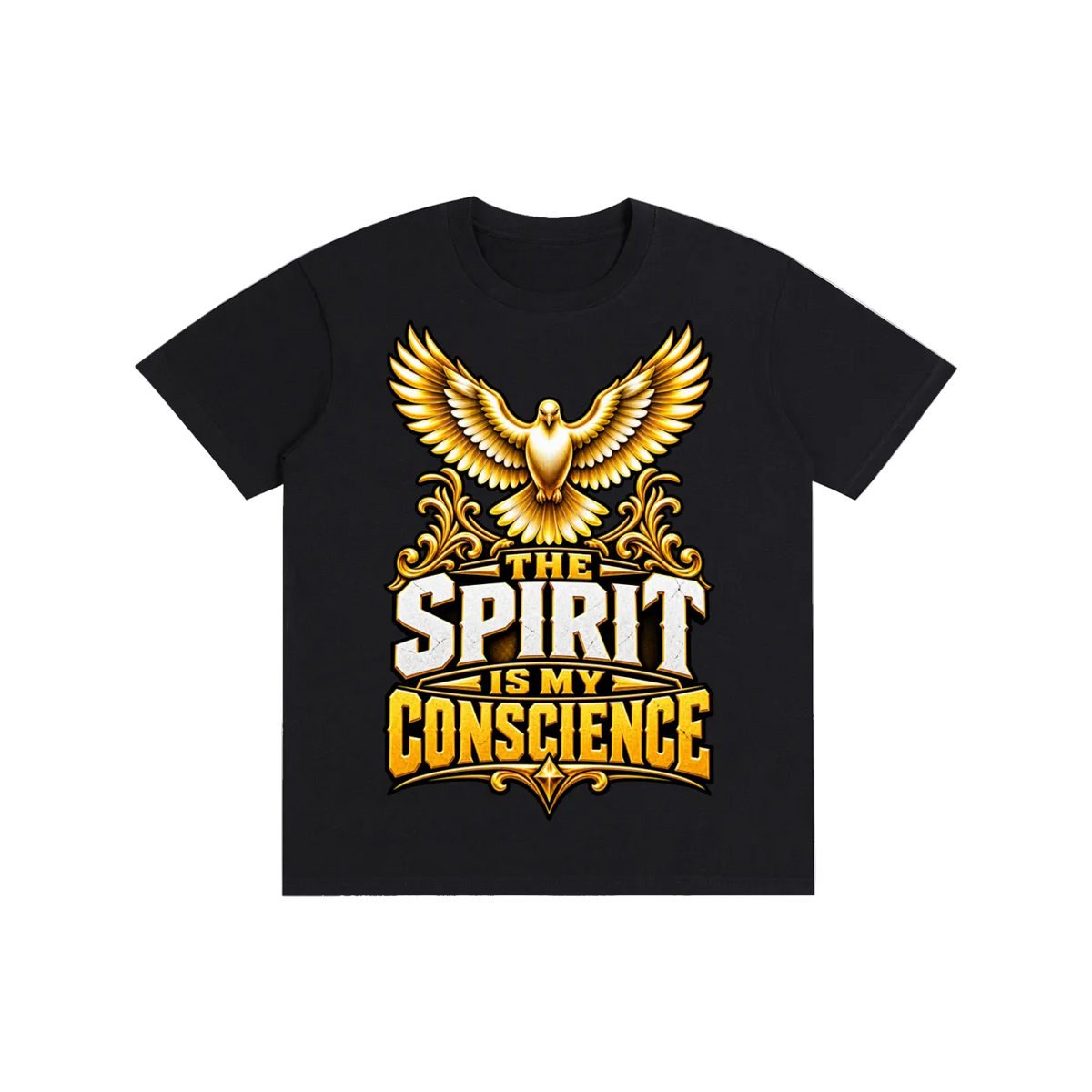 A black short-sleeve crewneck t-shirt featuring a large graphic print on the front. The design shows a golden eagle with outstretched wings above the text 'THE SPIRIT IS MY CONSCIENCE' in white and gold lettering.